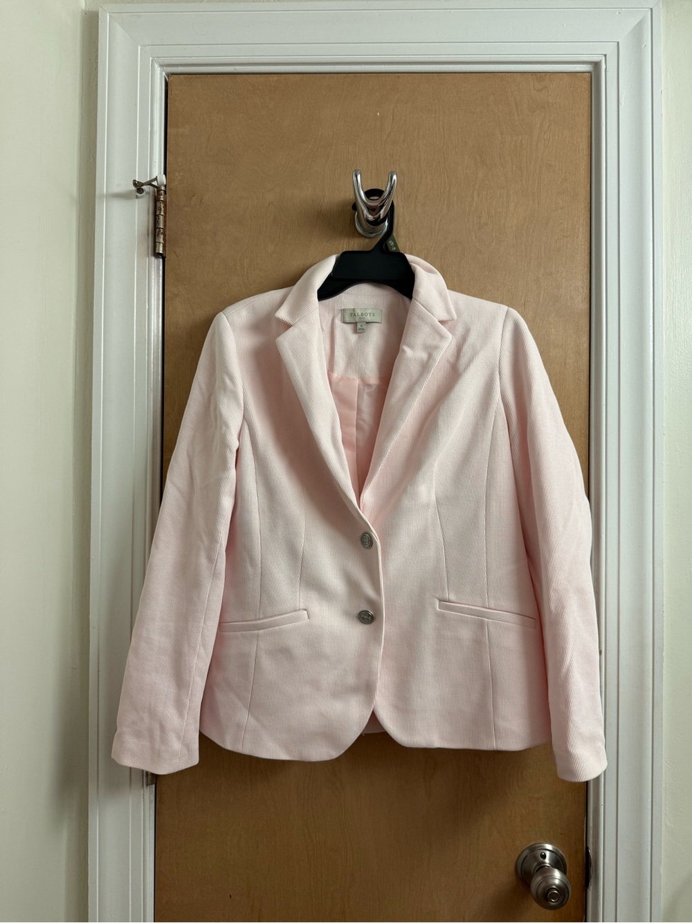 Talbots Cotton Knit Textured Pale Pink Blazer With Silver Nautical Buttons SZ 8